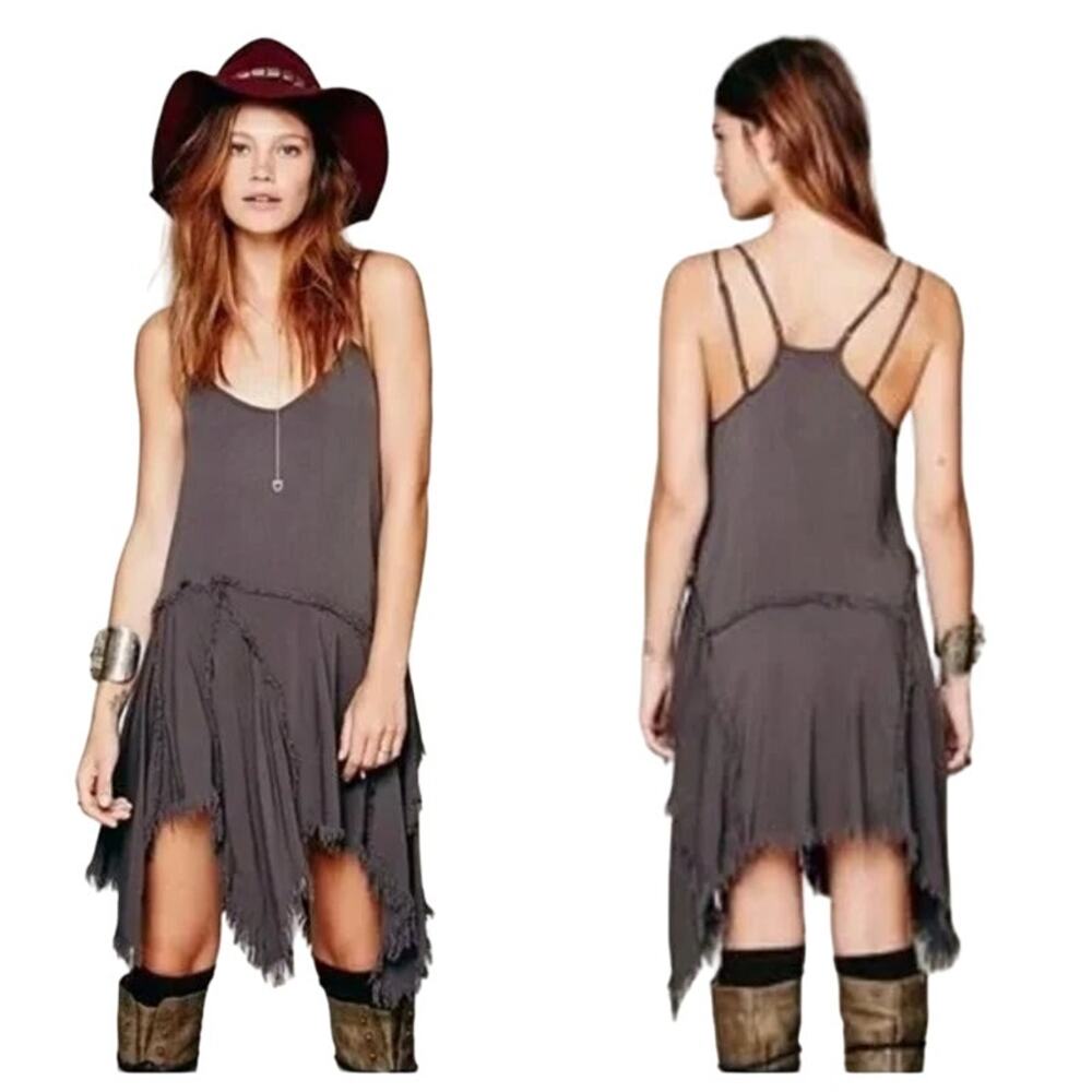 Free People Tattered Up Shred Slip Dress Scoop Neck Asymmetrical Boho Blue Xs